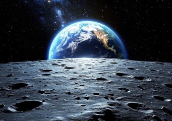 moon surface view of earth from lunar landscape with craters