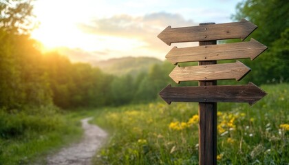 Rustic Wooden Signpost with Direction Arrows in Vibrant Green Landscape Under Morning Light