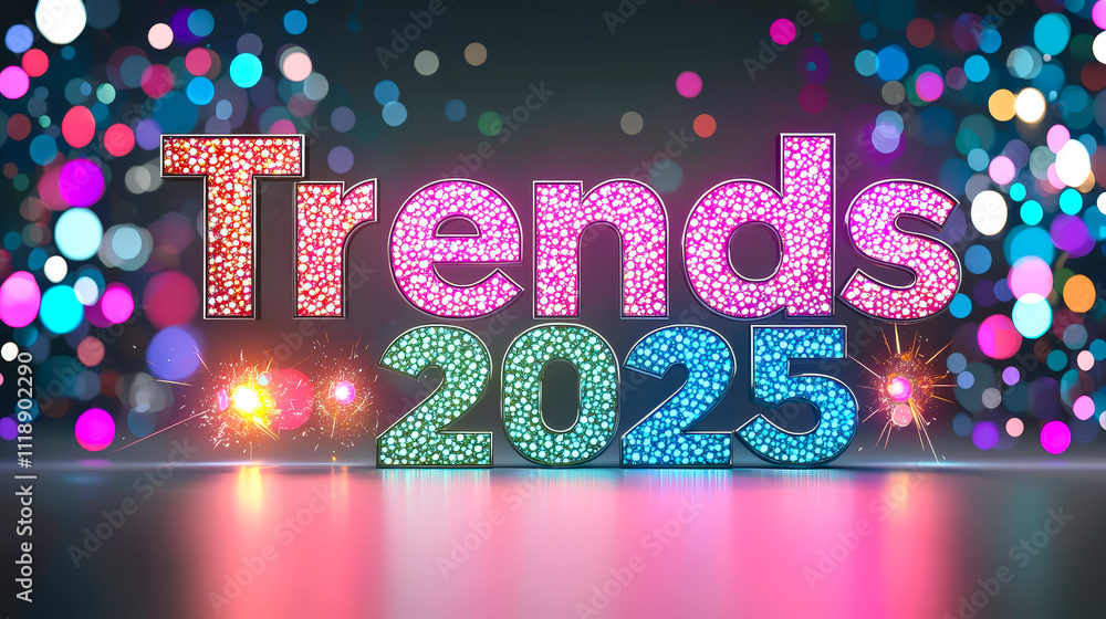 Poster visual representation of trends for the year 2025 featuring colorful letters and bright lights