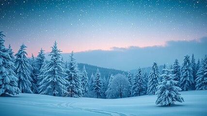 Fototapeta premium Frosted Christmas trees with golden stars under a snowy night sky, peaceful, stars