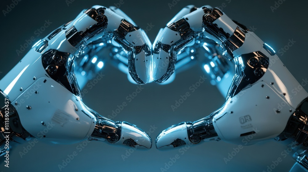 Poster Two robotic hands form a heart shape, symbolizing unity and connection through advanced technology