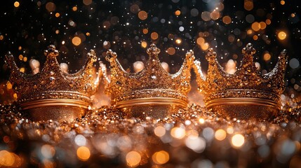 A fun and celebratory scene with golden crowns and sparkling glitter, symbolizing success