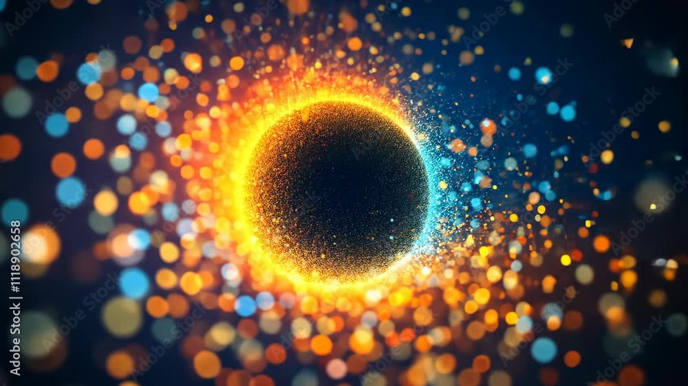 Poster cosmic phenomena display bright particles orbiting a dark center, creating a mesmerizing visual expe