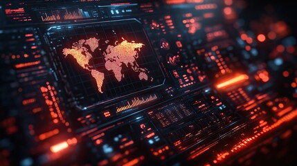 Obraz premium A futuristic digital interface displaying data visualizations and charts, with a world map in focus