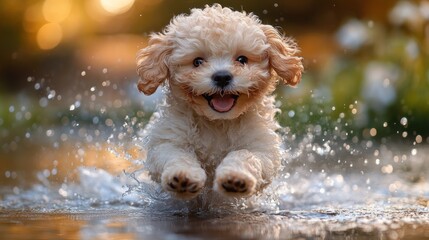 Happy fluffy puppy joyfully leaps through shallow water, splashing.