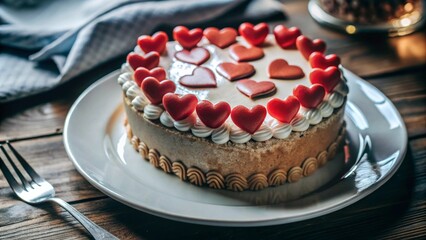 Decorated cake with red hearts, versatile design for Valentine&rsquo;s Day, Mother&rsquo;s Day, or Birthday.