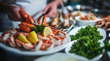 Chef preparing a plate of delicious crab claws and legs with lemon and parsley garnish.