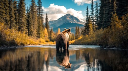 A brown bear standing in the middle of a river, with a forest and mountain background