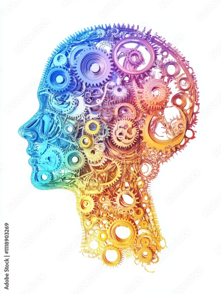 Poster abstract colorful wide image of head outline with gears sketch on white background. art, brain and s