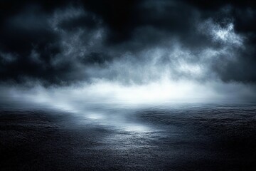 Obraz premium Misty Night Landscape with Illuminated Ground and Swirling Fog
