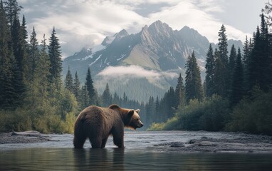 A brown bear standing in the middle of a river, with a forest and mountain background