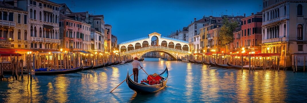 Venice Evening Gondola Ride on Grand Canal with Gondolier Near Illuminated Bridge