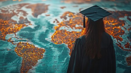 A graduation cap silhouette is positioned against a world map, symbolizing global opportunities for graduates