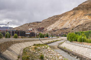 Typical tibetan houses along the road to Sakya Monastery, Shigatse, Tibet, China