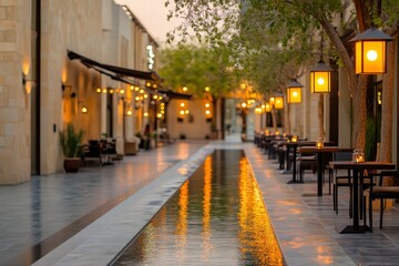 Luxury lifestyle mall experience serene water features outdoor dining evening ambiance urban escape