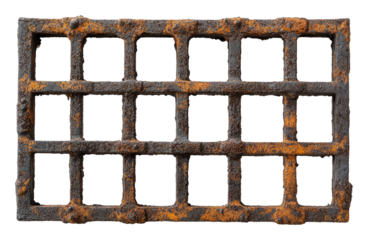 Rusty metal grate with a rectangular grid design, cut out - stock png.