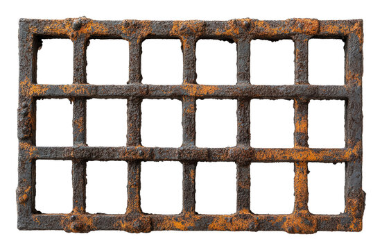 Rusty metal grate with a rectangular grid design, cut out - stock png.