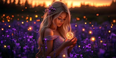 Fototapeta premium Blonde Woman in Sparkly Dress Holding Glowing Orb in Purple Flower Field at Sunset with Fireflies and Magical Atmosphere