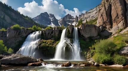 Fototapeta premium Majestic Waterfall Cascades Down Rocky Mountainside