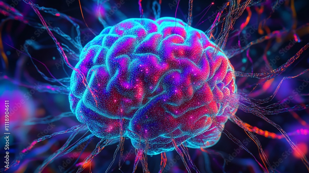 Poster colorful 3d rendering of a human brain with glowing neural connections.