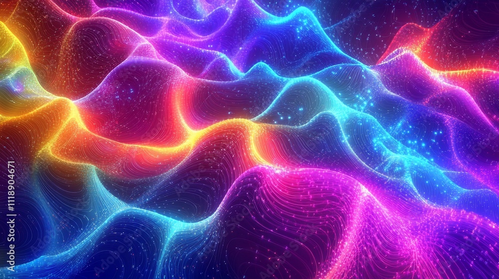 Poster abstract colorful wave background with glowing particles.