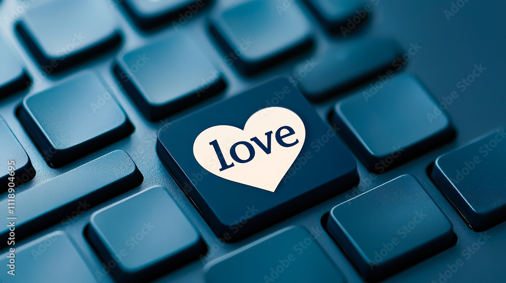 Poster heart symbol on a keyboard key emphasizes the theme of love in digital communication
