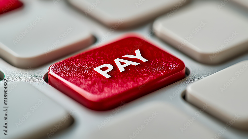 Aufkleber close-up view of a red pay button on a keyboard during online transaction process