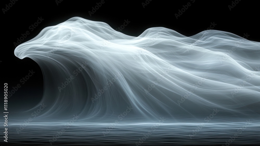 Poster abstract wave-like form resembling a bird in flight against a dark background.