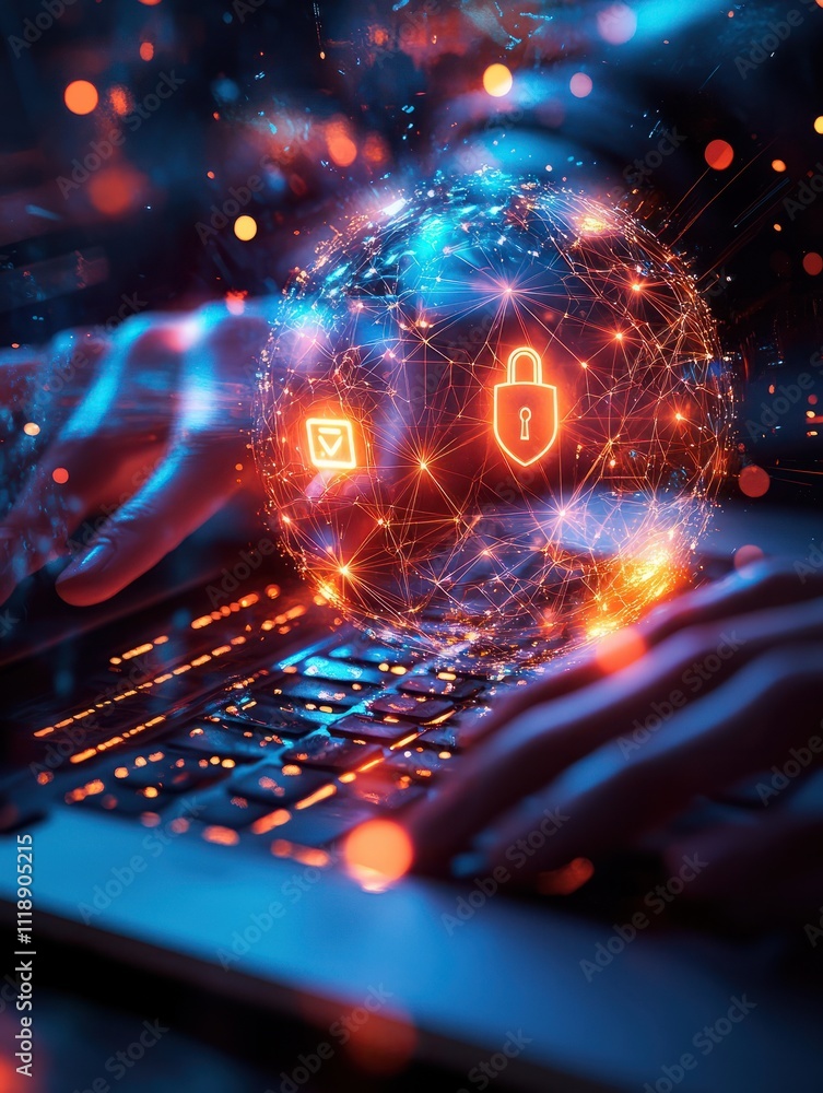 Poster close up of hands using laptop keyboard with abstract glowing polygonal sphere with glowing digital 
