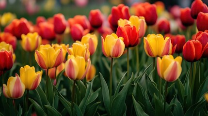 A field of tulips, with petals transitioning from yellow to red.