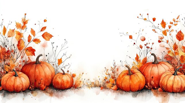 A hand-drawn watercolor illustration features a border of fall leaves and pumpkins on a white background, with a dedicated copy space area in the center, perfect for autumn-themed branding