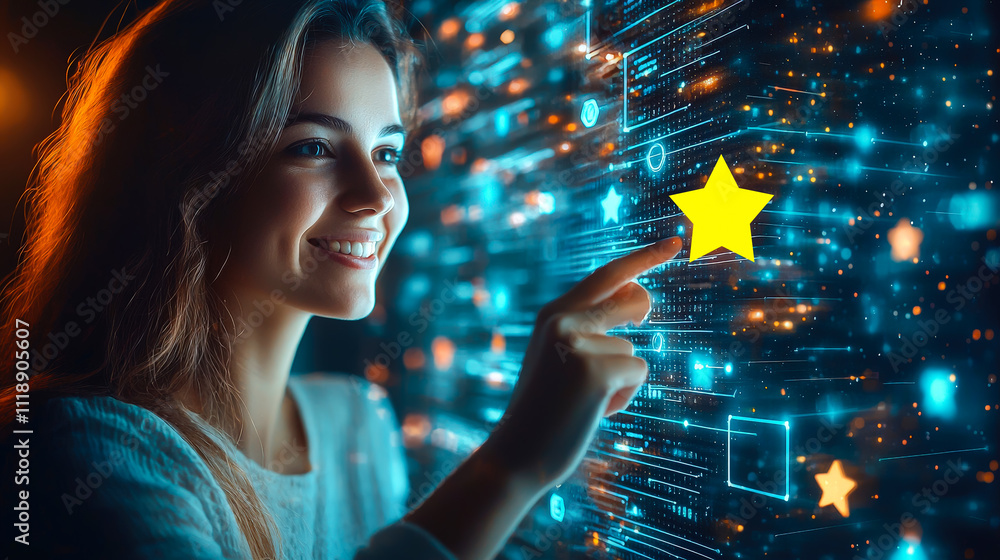 Aufkleber young woman interacting with glowing digital interface while smiling in a futuristic environment