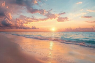 serene tropical sunset beach scene beautiful ocean horizon palm trees tranquil meditation nature