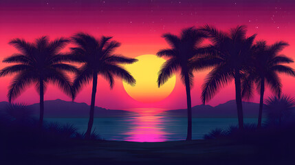 Obraz premium Palm trees on the left side of an illustration with a retro sunset.