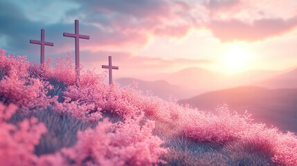 A Happy Easter card depicts crosses nestled on a hill against a backdrop of soft pastel colors