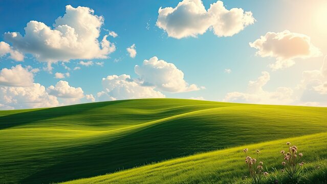 A picturesque landscape of a rolling hillside with white fluffy clouds scattered about and a few rays of sunlight peeking through, outdoor scene, pastel colors