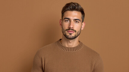Fototapeta premium Portrait of a handsome man in a knitted sweater in Mocha Mousse color on Mocha Mousse background