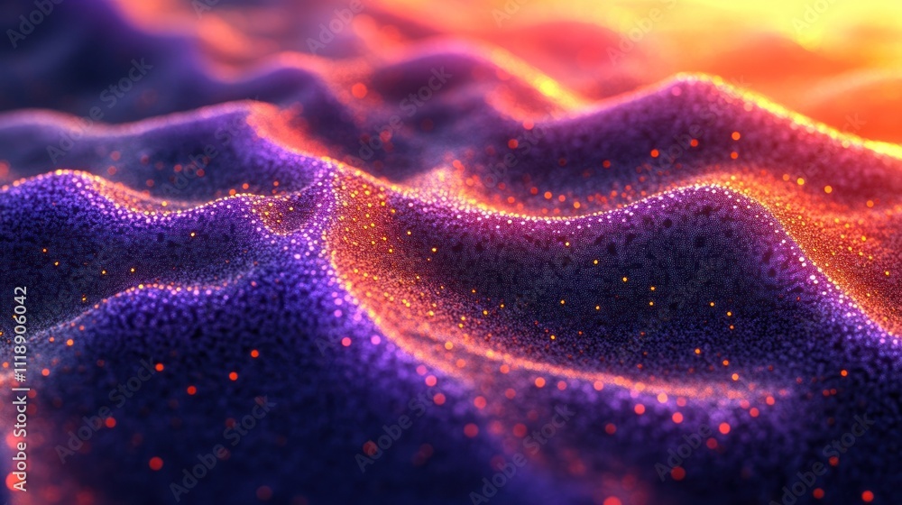 Poster abstract wavy surface with glowing particles.
