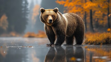 Obraz premium A majestic brown bear stands in the woods, its reflection mirrored in the still water below