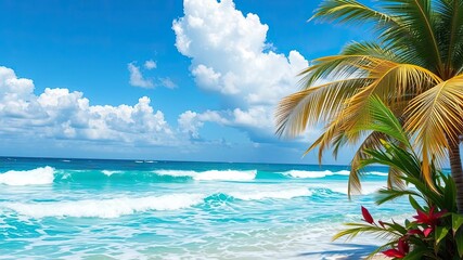 Naklejka premium Tropical paradise with colorful palm leaves in a vibrant beach setting, vibrant colors, miami beach style