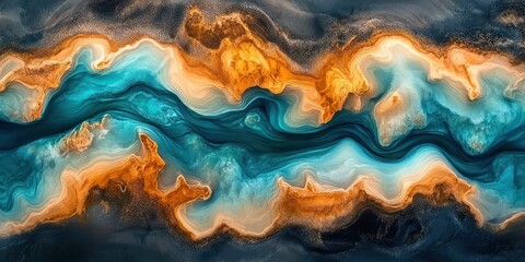 Obraz premium Aerial View of Turquoise River in Abstract Expressionism Style Over Cracked Wood Landscape