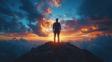 Fototapeta premium A man standing on a mountaintop at night, under a dramatic sky filled with clouds