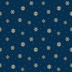 Fototapeta premium Blue and gold snowflakes holiday seamless pattern background