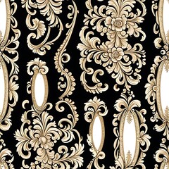 Opulent Baroque Damask Pattern:  A luxurious and intricate damask pattern in beige and black, featuring ornate floral motifs, oval frames, and scrolling acanthus leaves.