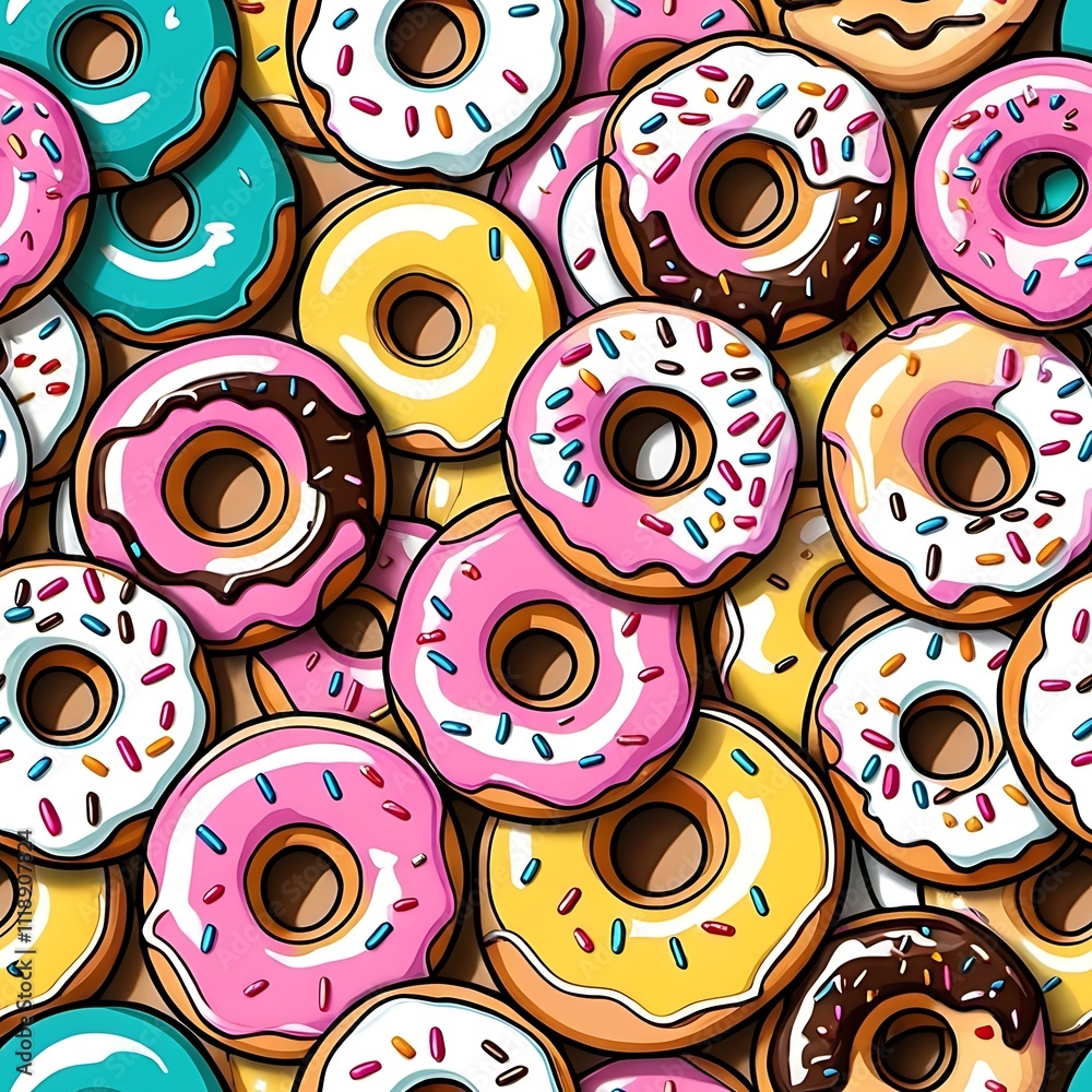 Poster donut delight: a delightful and colorful pattern of donuts in various flavors and toppings, perfect 