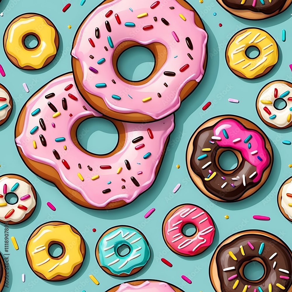 Poster sweet donut delight: a vibrant and playful pattern of colorful donuts, perfect for adding a touch of