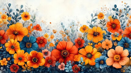 A Mexican-themed watercolor background featuring vibrant flowers and traditional symbols