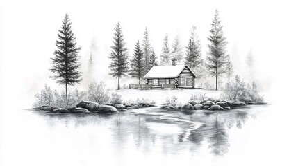 Serene Lakeside Cabin: A Pencil Sketch of Tranquility