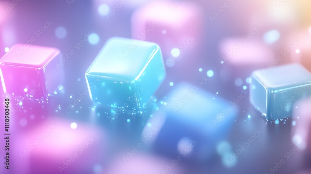 Poster glowing colored 3d square boxes in soft background with sparkles
