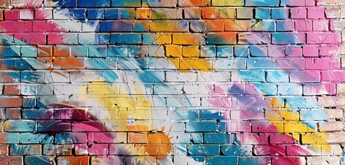 Expressive multicolor spray paint strokes on textured brick wall, adding vibrancy to modern interiors